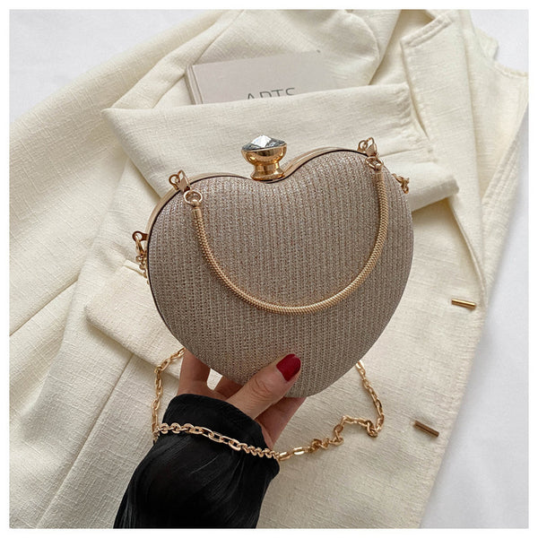 Heart Shape Metal Clutch Bag with Chain Strap, front product view