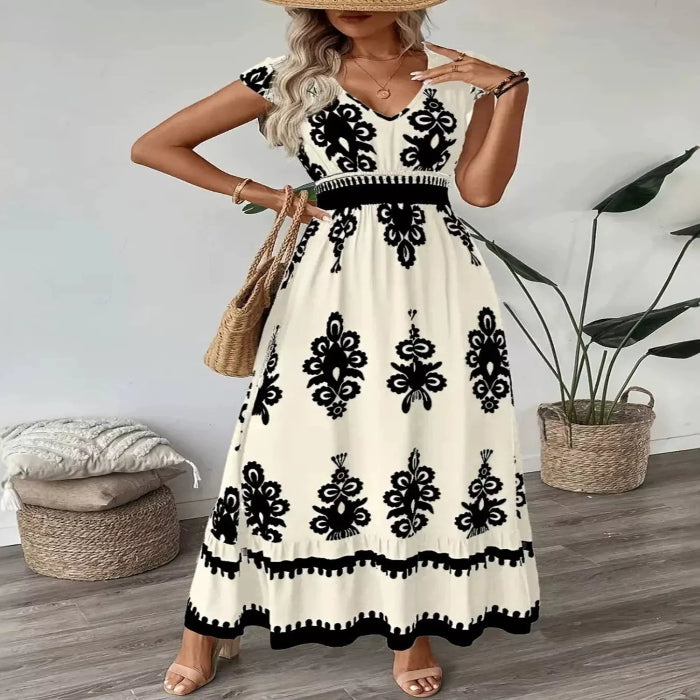 Model wearing the Ruffled Printed V-Neck Maxi Dress