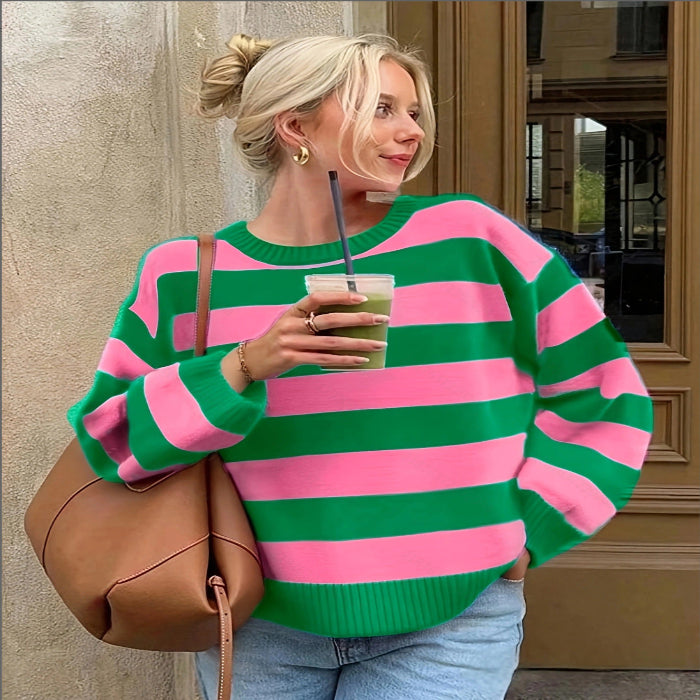 Women's Striped Knit Sweater - Color Block Viscose Pullover additional product view