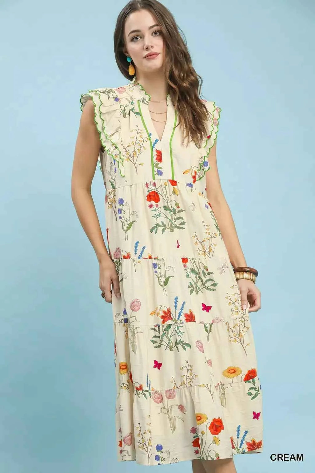 Floral ruffle tiered midi dress with scalloped detail — additional view 4
