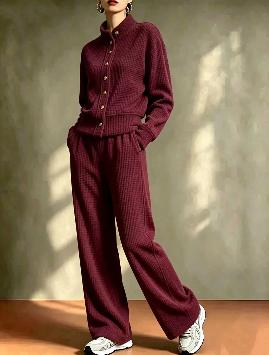 Wine red women's waffle knit cardigan and pants set