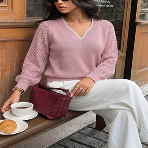 Pink v-neck openwork long sleeve sweater for women