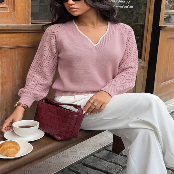 V-neck openwork long sleeve sweater — primary view