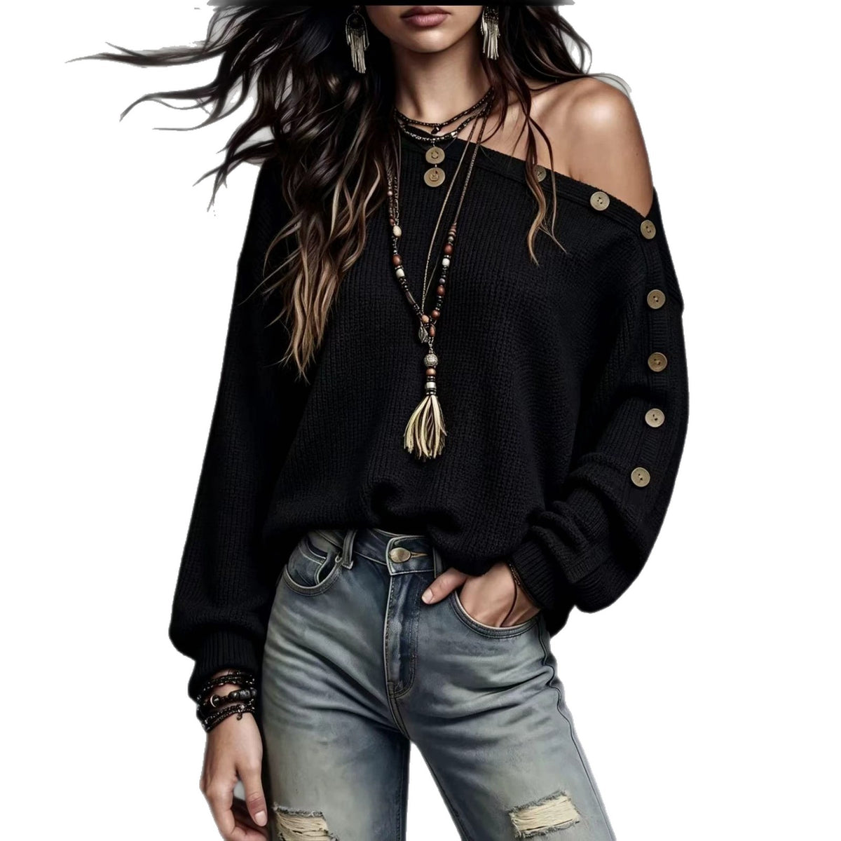 Off-Shoulder Button-Sleeve Pullover Sweater – view 12