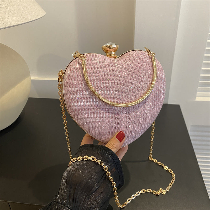 Heart Shape Metal Clutch Bag with Chain Strap, angled product view