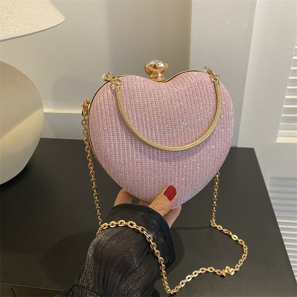 Heart Shape Metal Clutch Bag with Chain Strap, angled product view