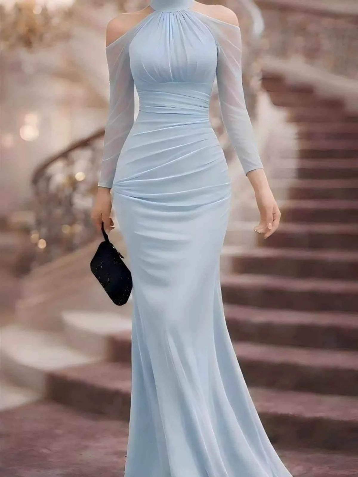 Cold Shoulder Mesh Sleeve Maxi Dress, close-up product view