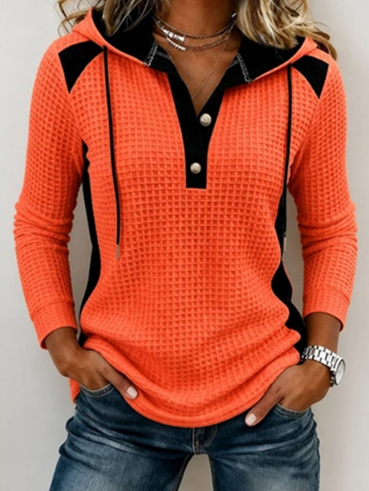 Orange waffle knit hoodie sweatshirt for women