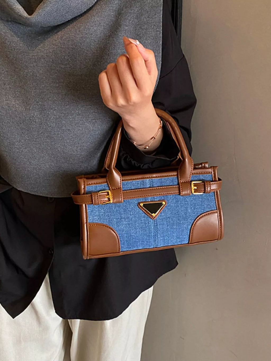 Denim patchwork crossbody bag with buckle detail — additional view 3