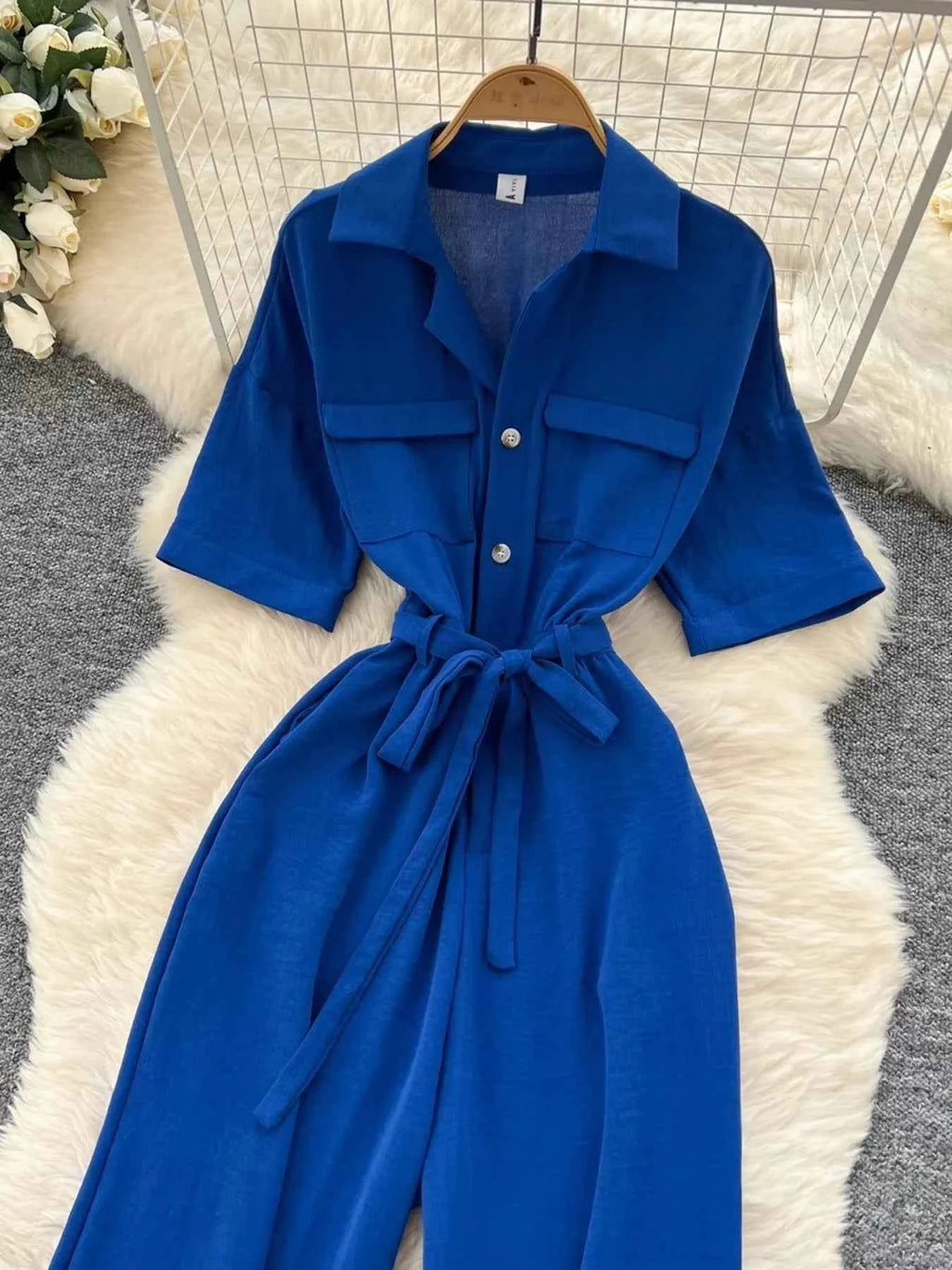 Belted tie waist wide leg jumpsuit — additional view 9