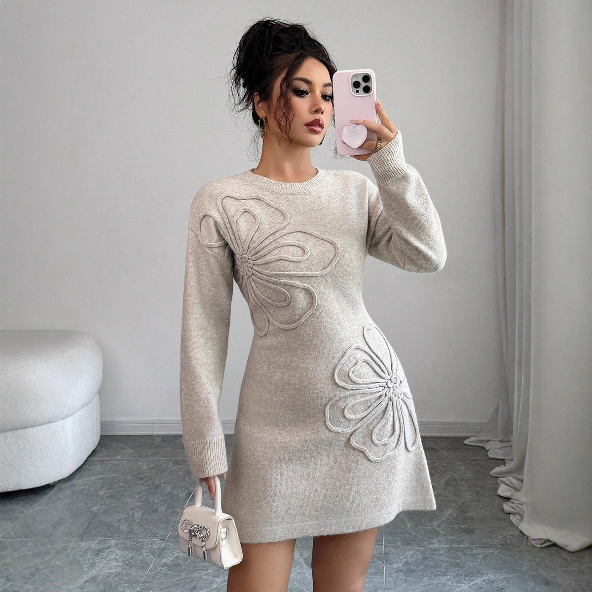 Women's Solid Color Crew-Neck Embroidered Sweater Dress product image