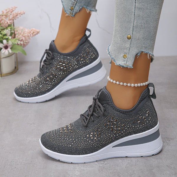 Dark Gray rhinestone lace-up wedge sneakers for women