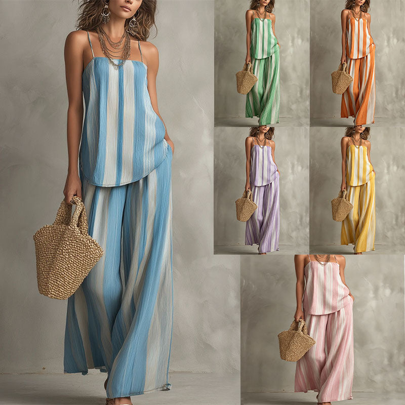 Product detail photo of Striped Strap Wide Leg Pants Set, Two Piece Set, everyday style, striped strap wide leg pants set