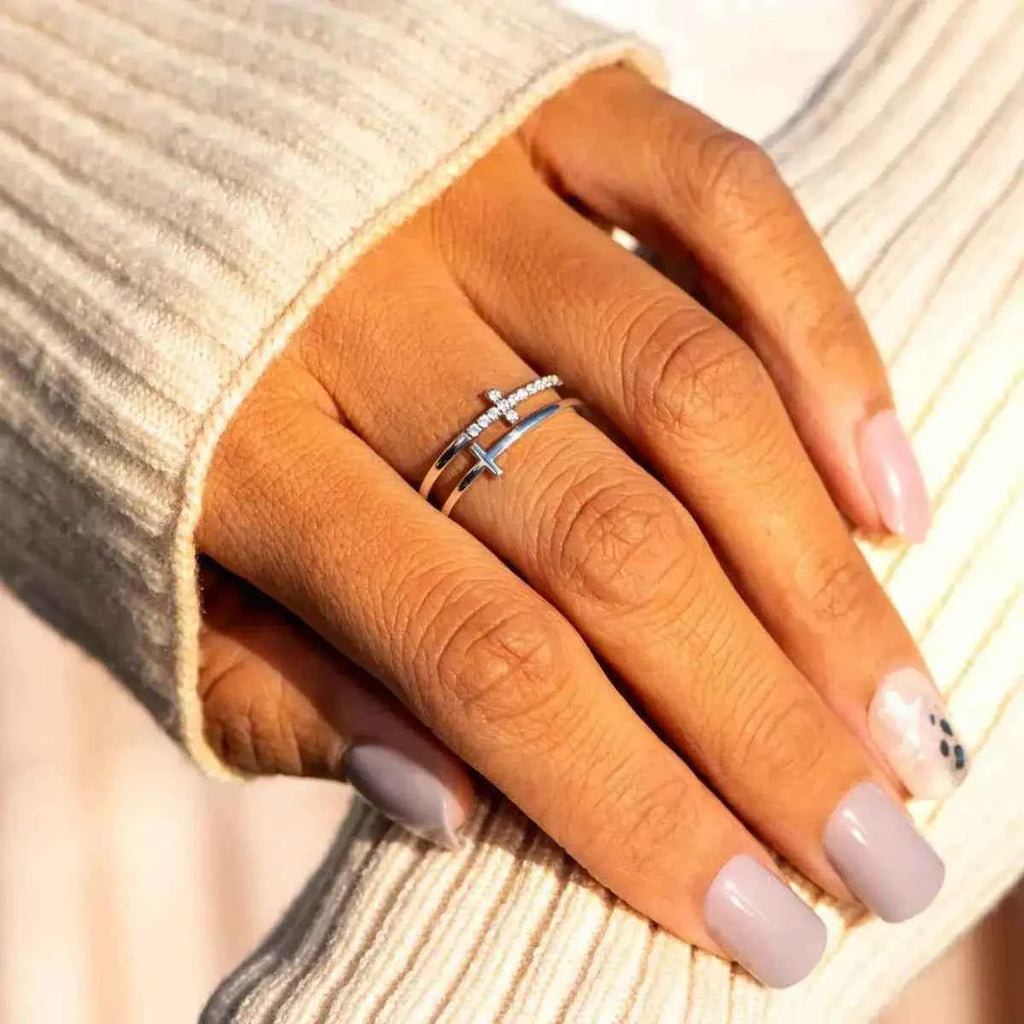 Double band zircon cross ring in silver-plated alloy — additional view 4