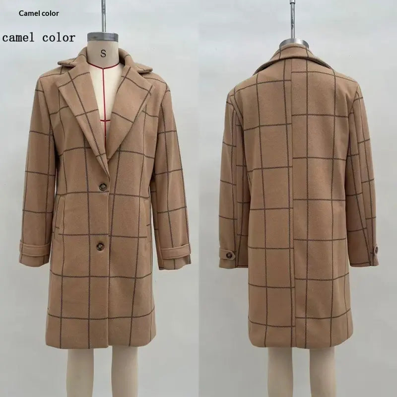 Camel windowpane-check lapel coat, front and back views on mannequins