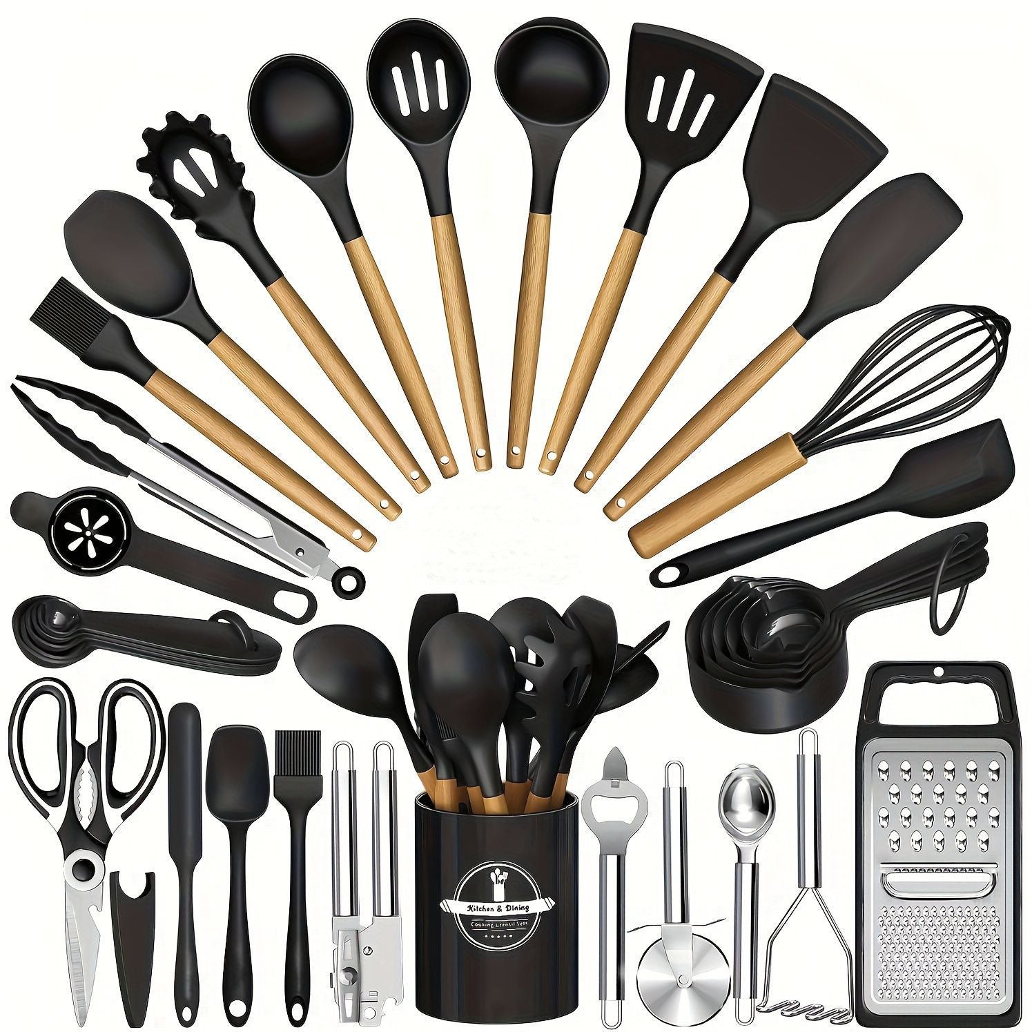 Wooden handle silicone kitchen tool set shown on white background