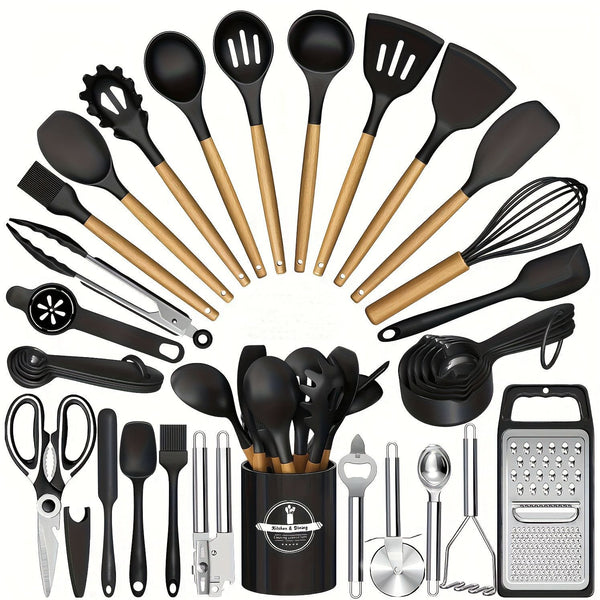Wooden handle silicone kitchen tool set shown on white background