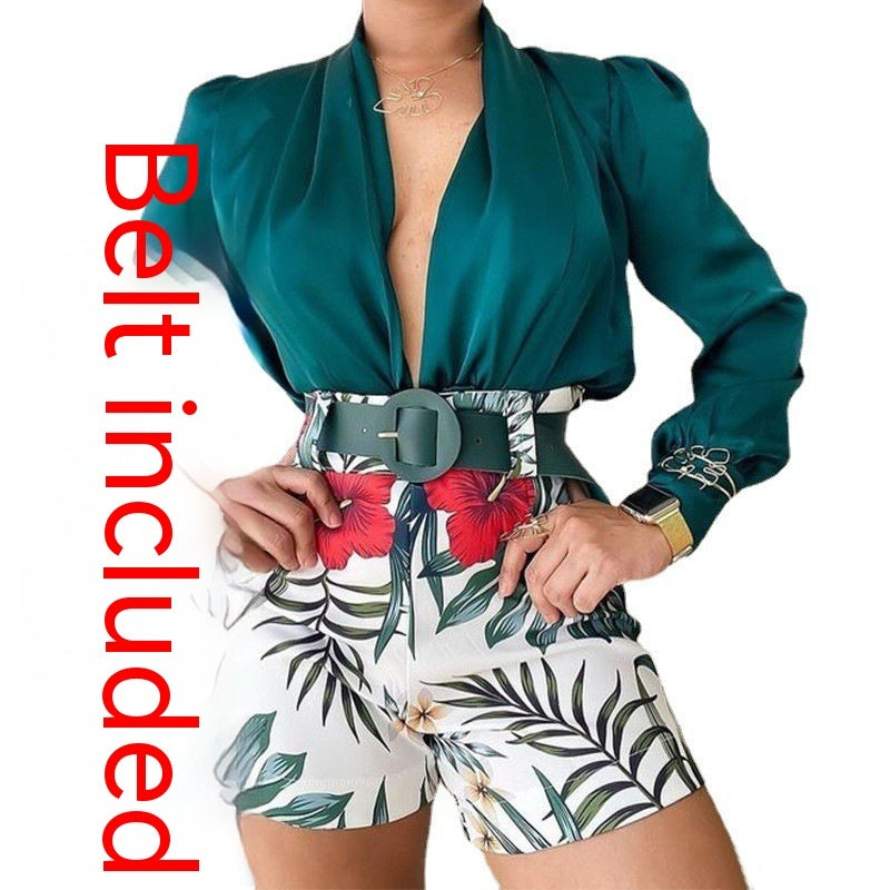 Product detail photo of Printed V Neck Shorts Two Piece Set, Women’s Clothing Set, everyday style, printed v neck shorts two piece set