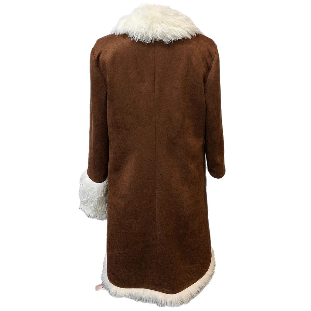 Brown suede-look long coat with cream plush collar and hem, back view
