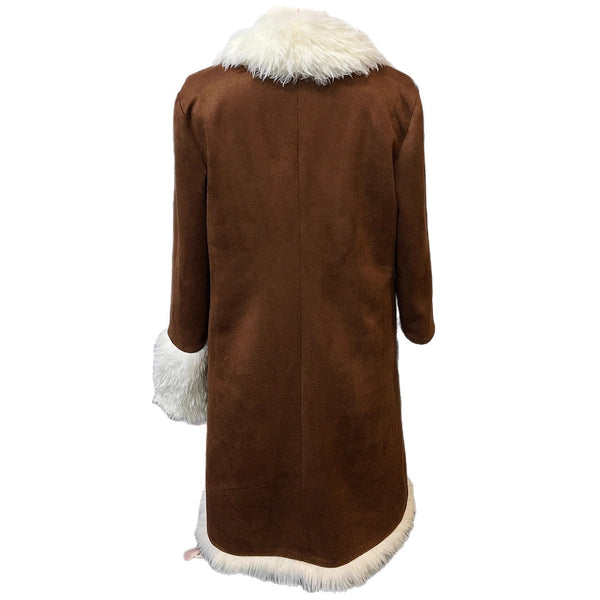 Brown suede-look long coat with cream plush collar and hem, back view