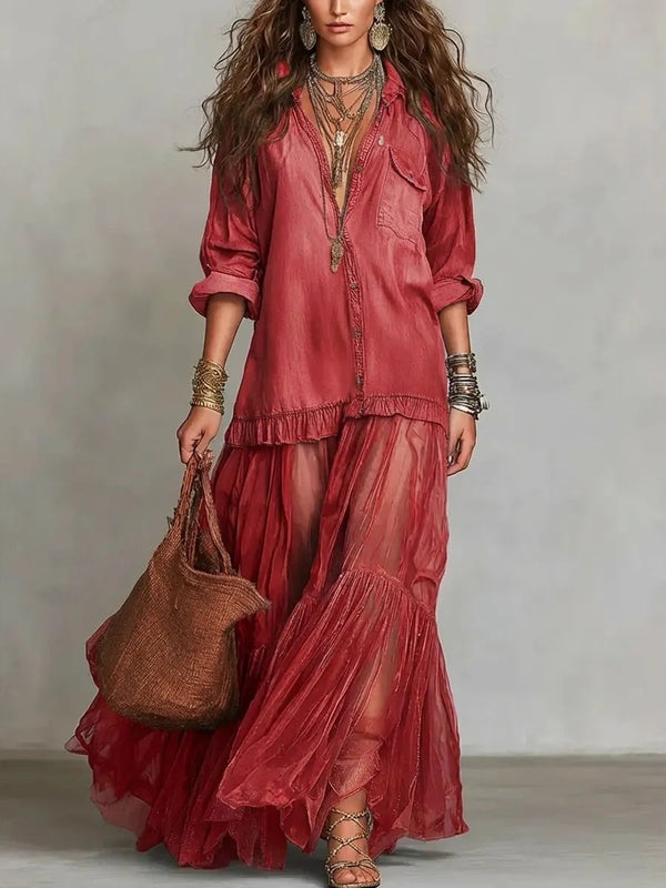 Product detail photo of Faux Denim Lapel Maxi Dress, faux denim lapel maxi dress, everyday style
