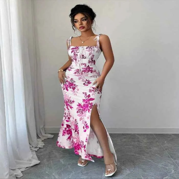 Printed tie strap slit maxi dress — primary view