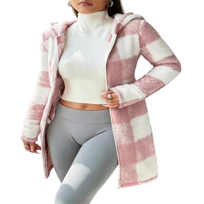 Pink and white checked hooded long jacket, front view on a model