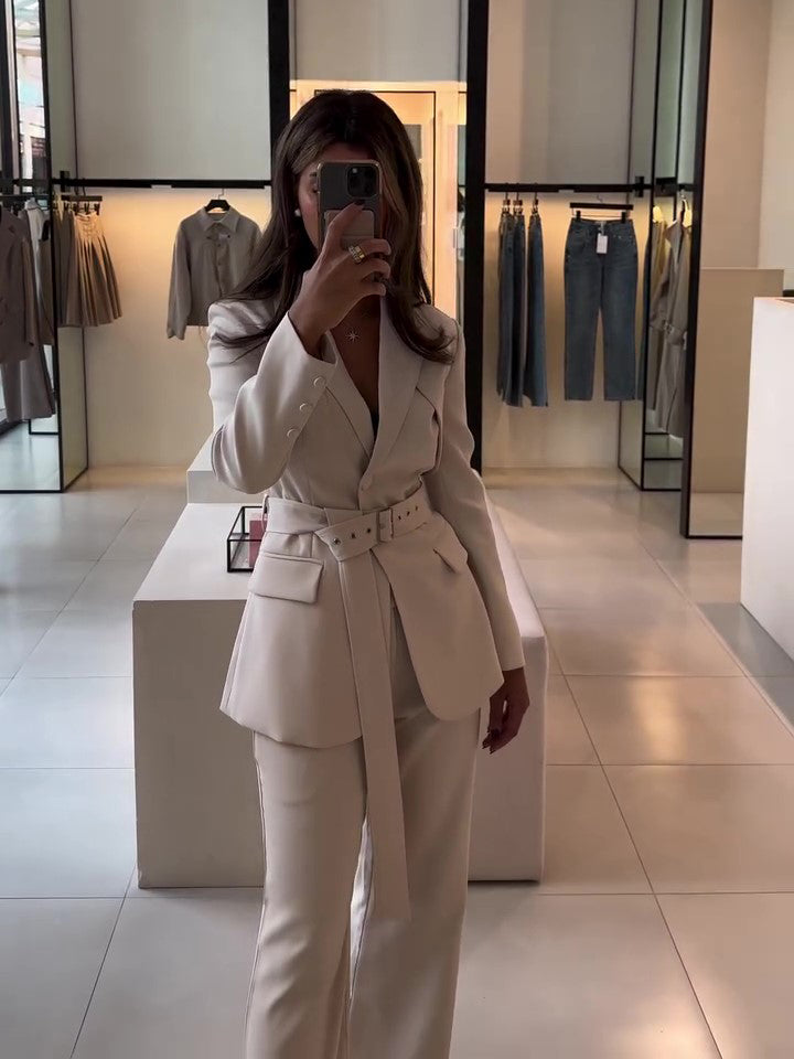 Beige Belted Blazer & Pants Set, front product view