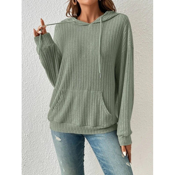 Green ribbed kangaroo pocket hoodie for women