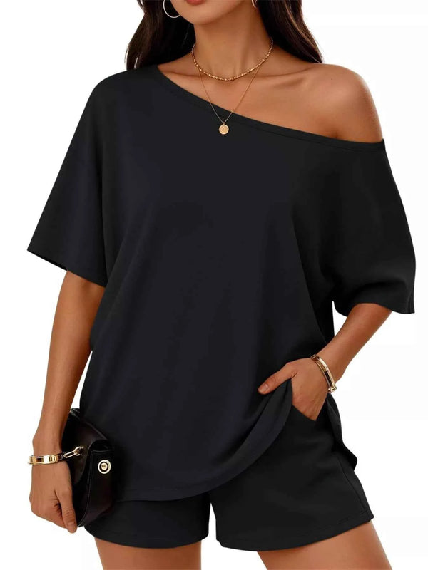 Plus size lounge set with boat neck tee and shorts — additional view 5