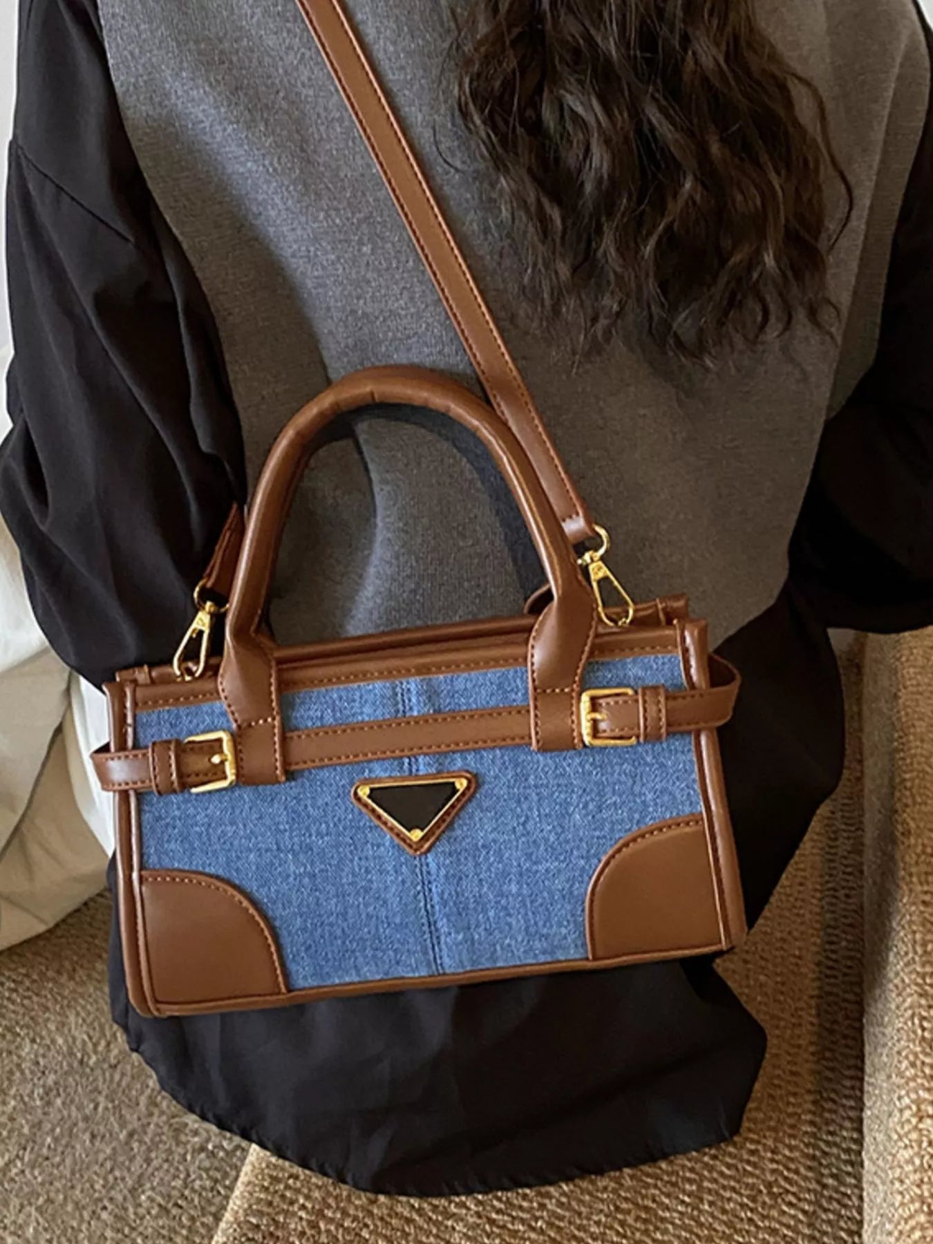 Denim patchwork crossbody bag with buckle detail — additional view 5