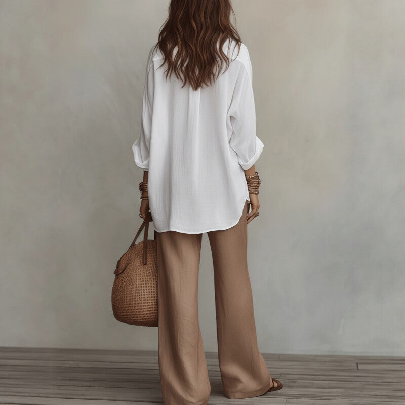 Product detail photo of Linen Shirt and Wide Leg Pants Set, Women’s Clothing Set, linen shirt and wide leg pants set, everyday style