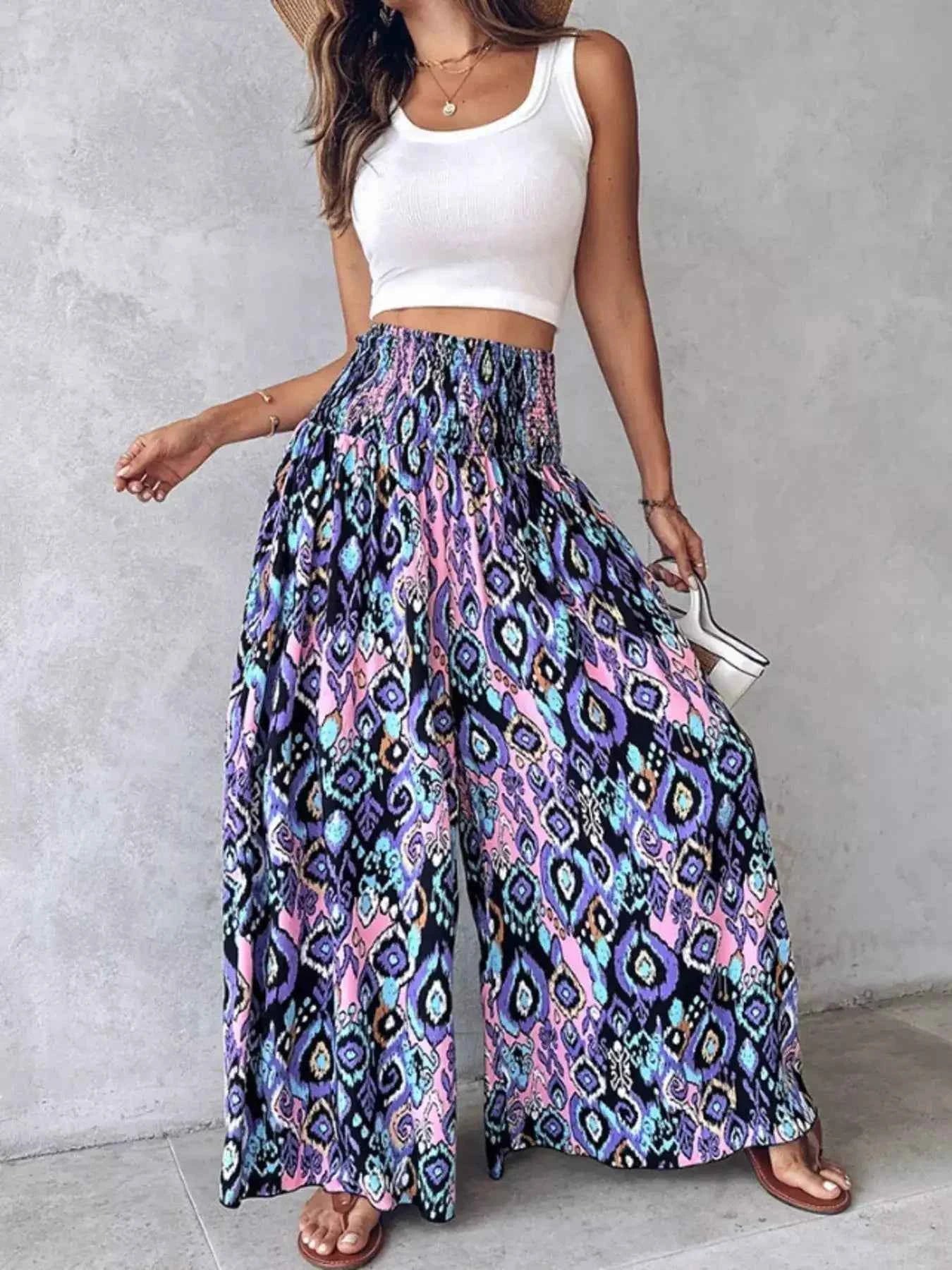 Printed Wide-Leg Pants for Effortless Style and Comfort-Bottom-Splashis-Splashis