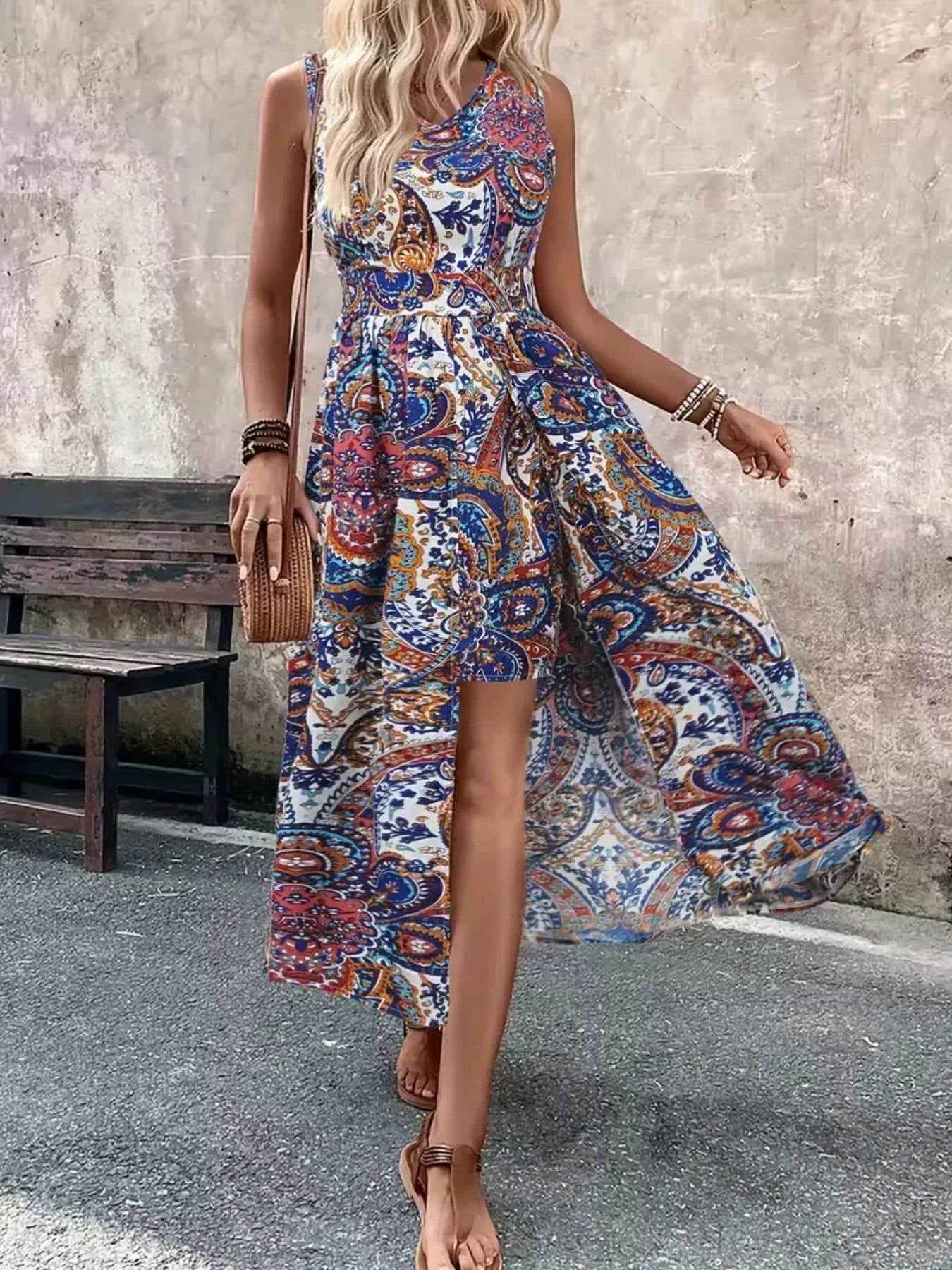 Zipper Closure Paisley Romper Sleeveless-Romper-Splashis-Color:Multicolor-Size:2XL-Splashis