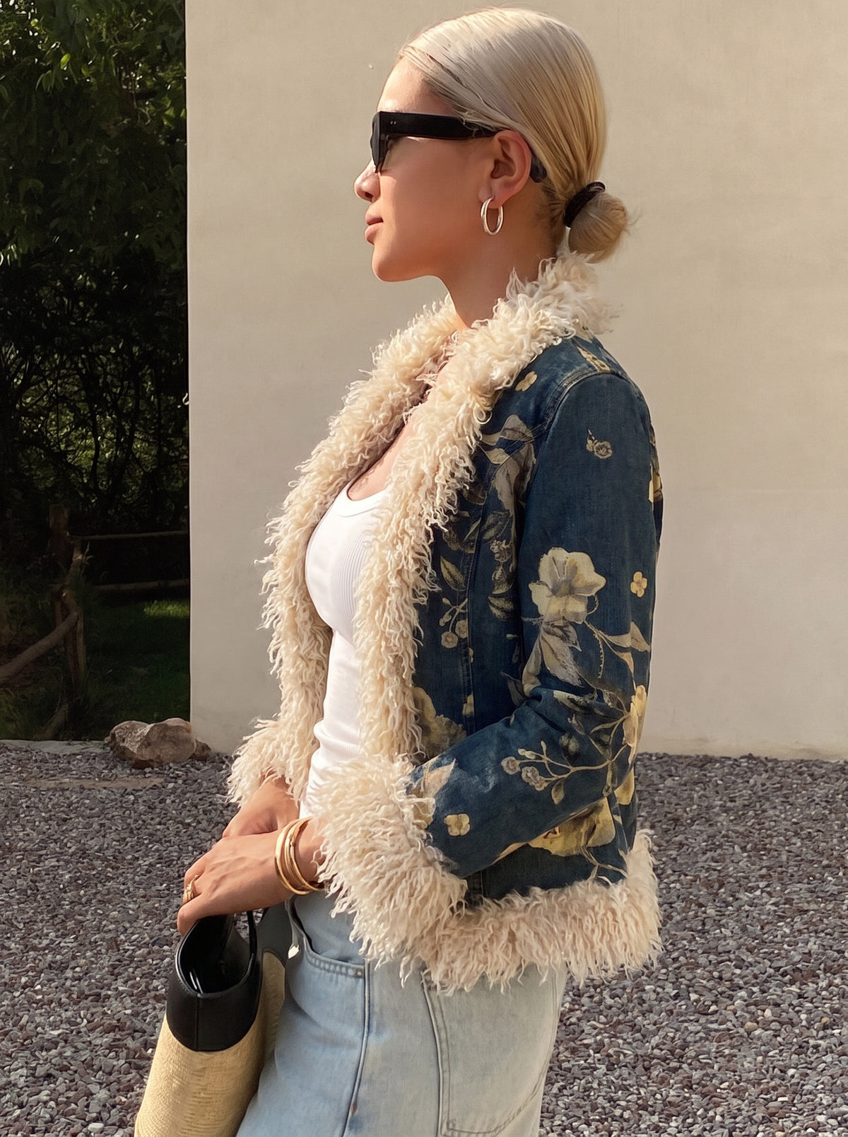 Vintage Floral Jacquard Faux Fur Trim Denim Jacket additional product view