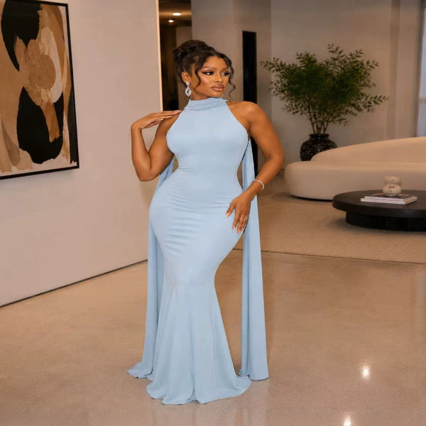Halter-neck fishtail evening gown with cape — primary view