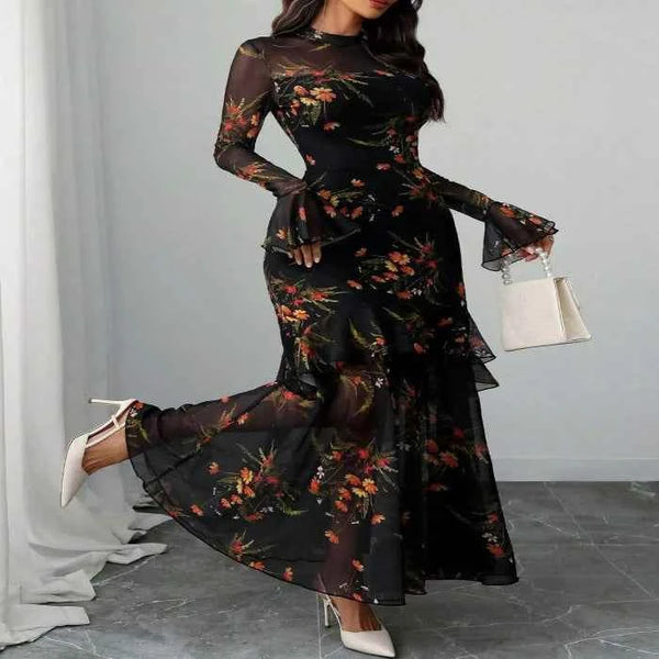 Floral flounce sleeve mermaid maxi dress — primary view