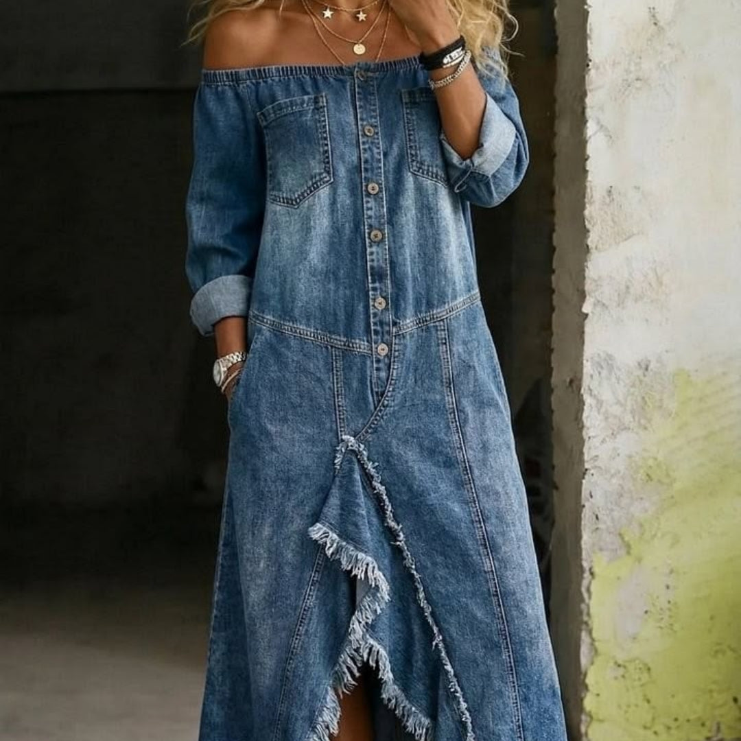 Distressed button-front denim dress product image