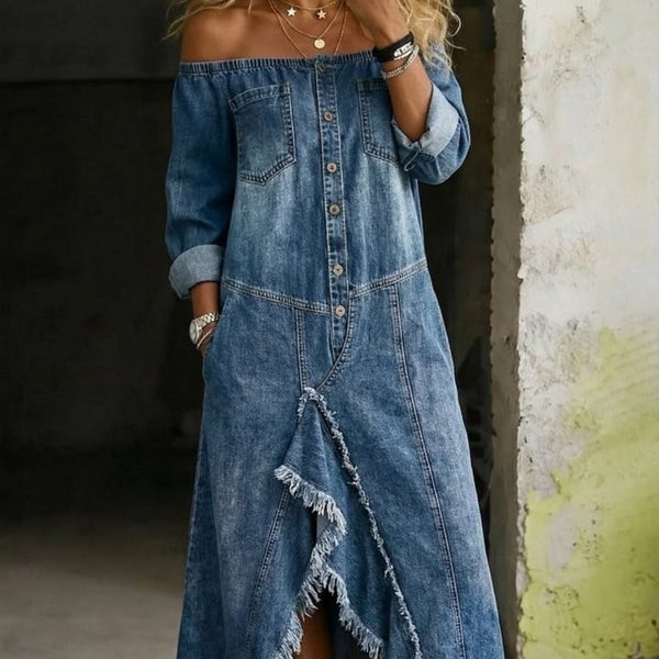 Distressed button-front denim dress product image