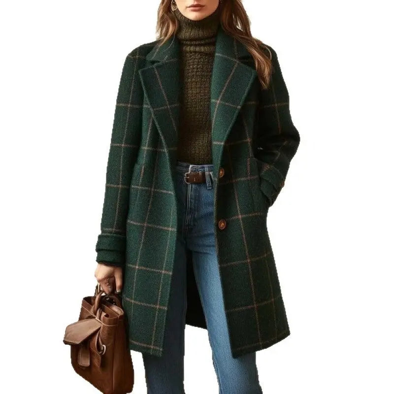 Dark green windowpane-check coat with lapels and front pockets, worn by a model