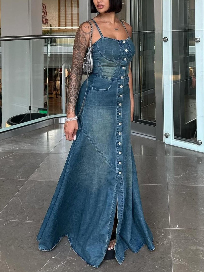 Blue Denim Suspender Maxi Dress, front product view