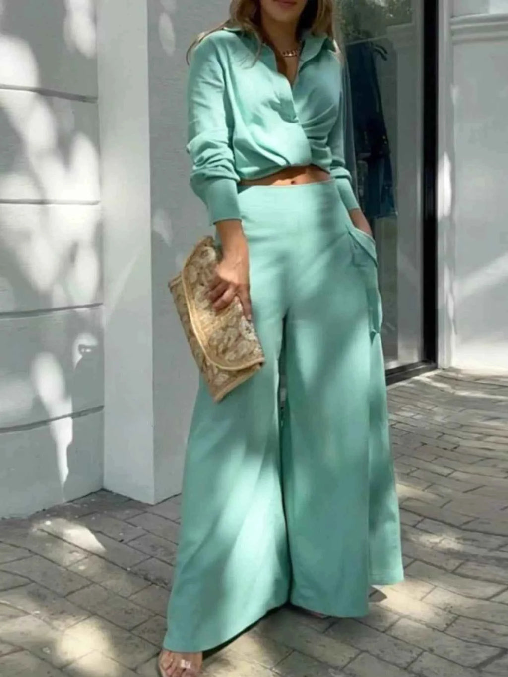 2026 Professional Wide Leg Pants and Shirt Set-Two-Piece Set-Splashis-Color:Teal-Size:2XL-Splashis