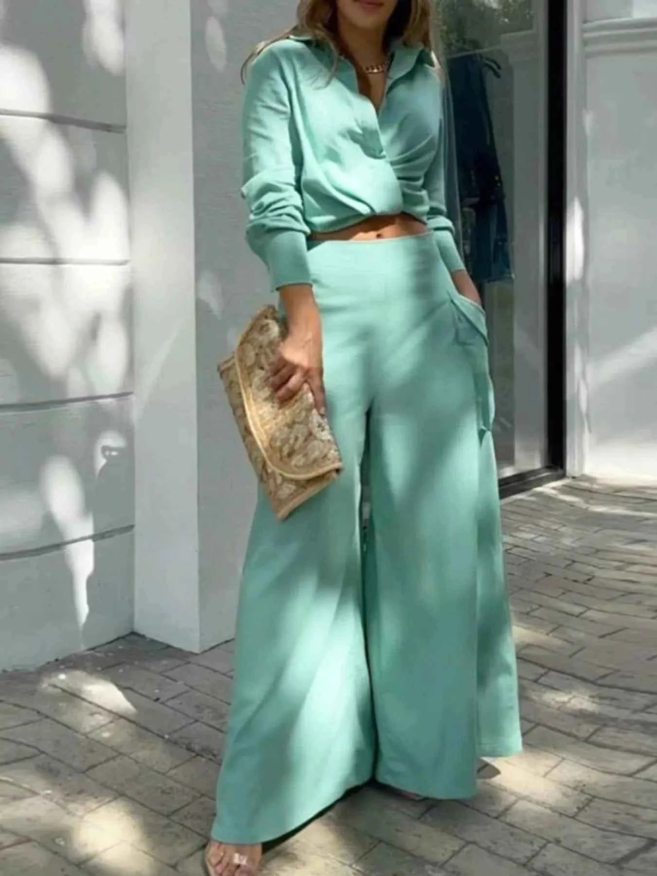 2026 Professional Wide Leg Pants and Shirt Set-Two-Piece Set-Splashis-Color:Teal-Size:2XL-Splashis