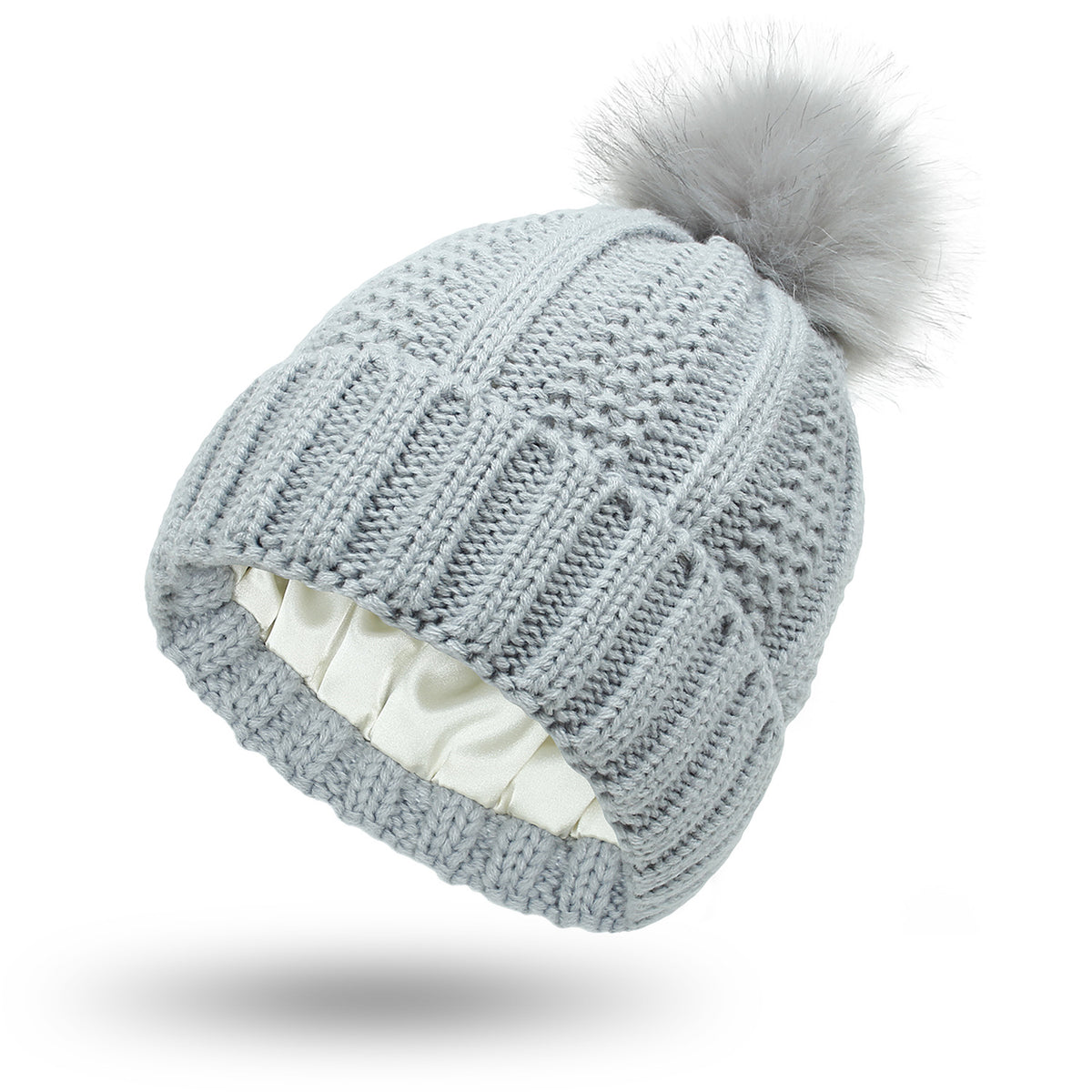 Light Grey satin lined pom pom beanie hat for women