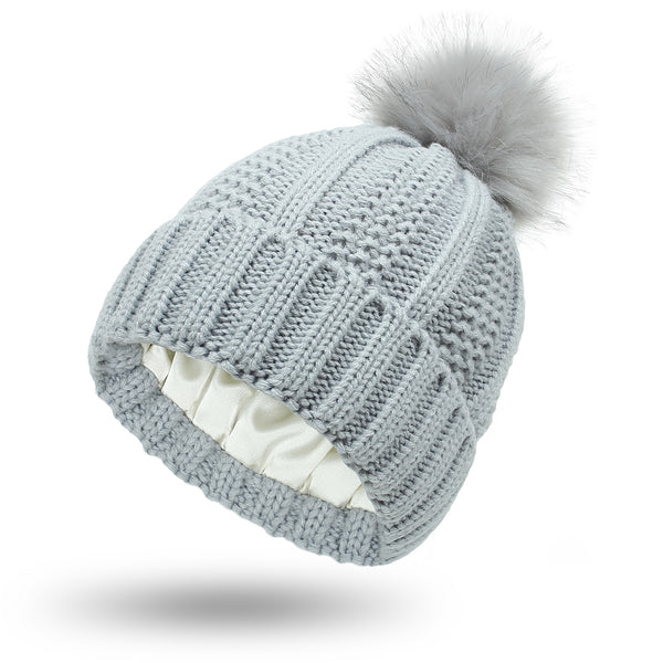 Light Grey satin lined pom pom beanie hat for women