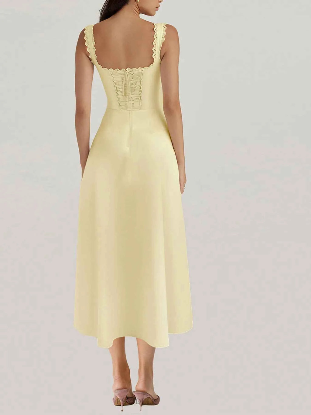 Scalloped V-neck midi dress with back lace-up — additional view 2
