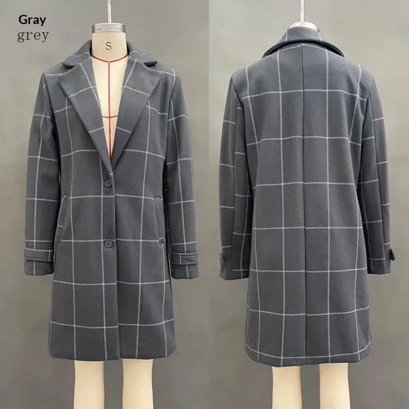 Gray windowpane-check coat, front and back views on mannequins