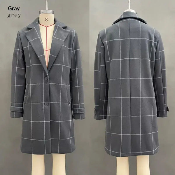 Gray windowpane-check coat, front and back views on mannequins
