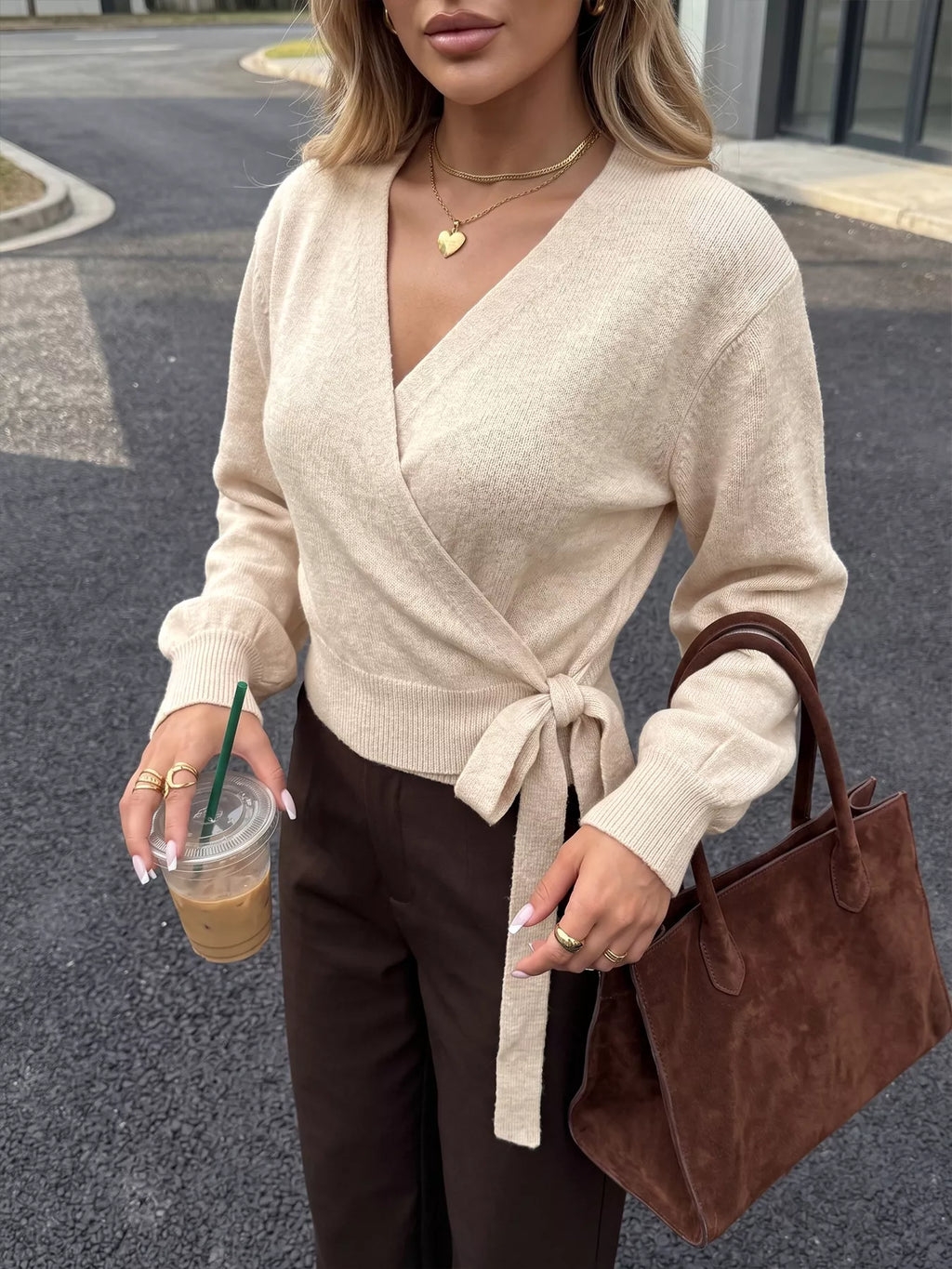 Tied surplice long sleeve sweater — additional view 4