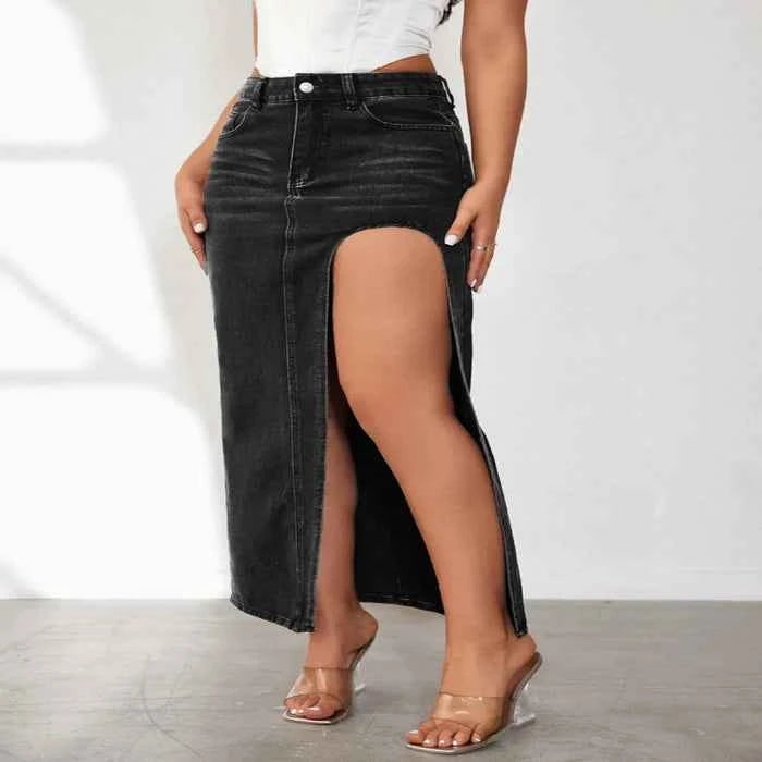 High-rise denim skirt with side slit — primary view